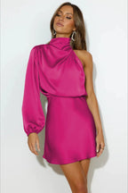 Satin One Shoulder Cowl Neck Bishop Sleeve A-Line Mini Dress