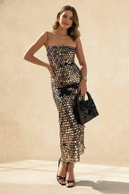 Square Neck Spaghetti Strap Ombre Disc Sequin Bodycon Midi Dress