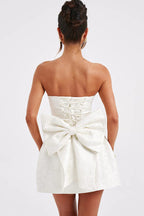 Strapless Jacquard Floral Bow Back Fit and Flare Mini Dress