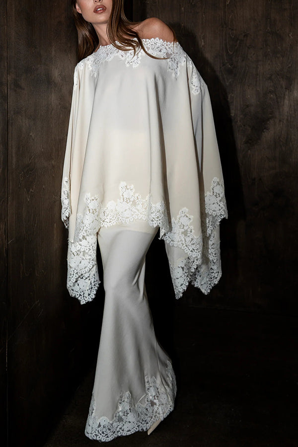 Like A Swan Satin Lace Trim High Rise Elastic Waist Drape Maxi Skirt
