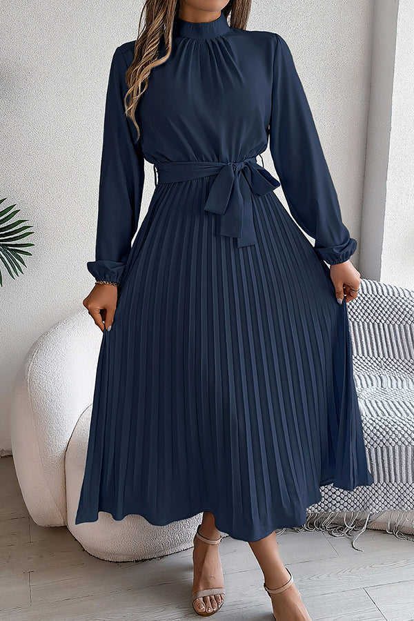 Mock Neck Lantern Sleeve Belted Pleated A-Line Midi Dress