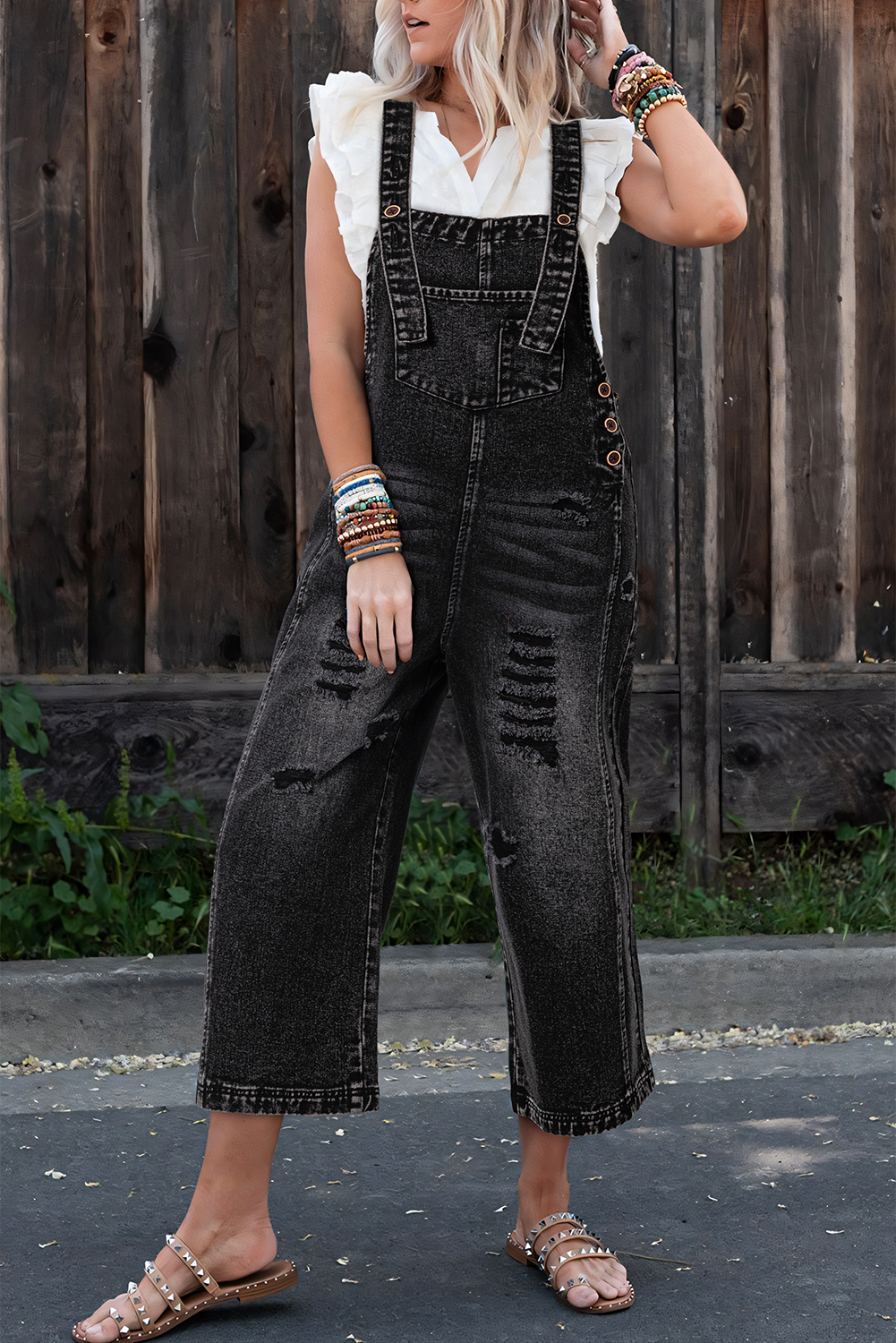 Blue Zone Planet | Stone Blue Distressed Bib Pocket Wide Leg Denim Overall