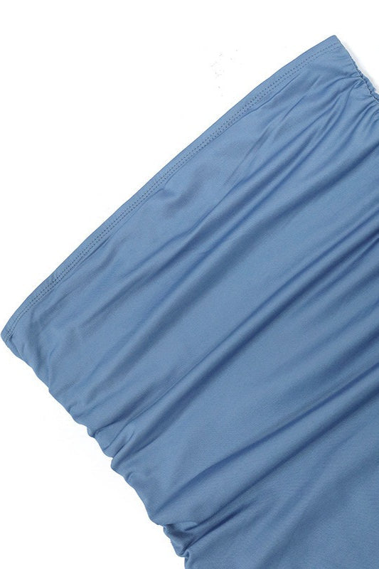 Strapless Ruched Ruffle Trim High Slit Midi Dress