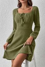 Blue Zone Planet | Ribbed Tied Square Neck Long Sleeve Mini Dress
