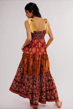 Smocked V Neck Bow Shoulder Strap Mixed Floral Tiered Maxi Dress