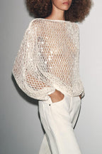 Maja Knit Sequin Hollow Out Wide Neck Balloon Sleeve Loose Cover-up Top