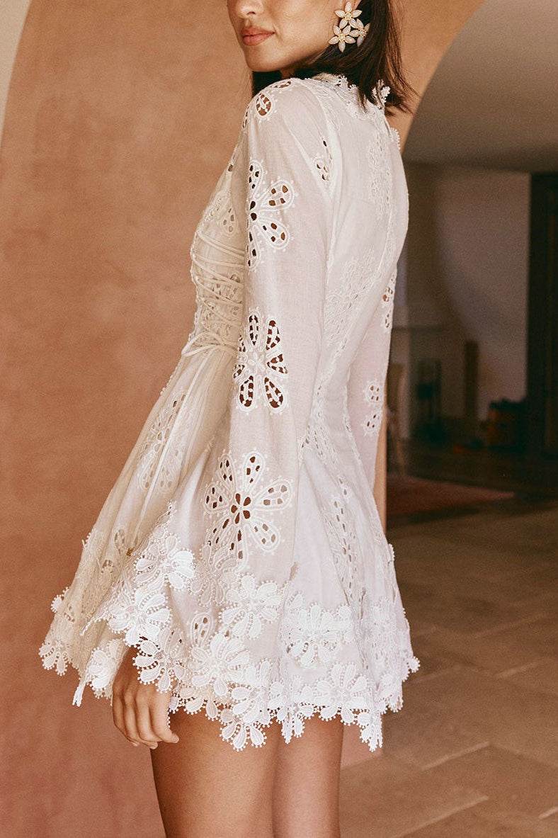 Eyelet Lace Deep V-Neck Long Sleeve Scalloped Trim Side Tie Mini Dress