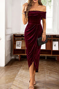 Marcella Exclusive Off Shoulder Red Dahlia Velvet Party Dress Boutique Collection