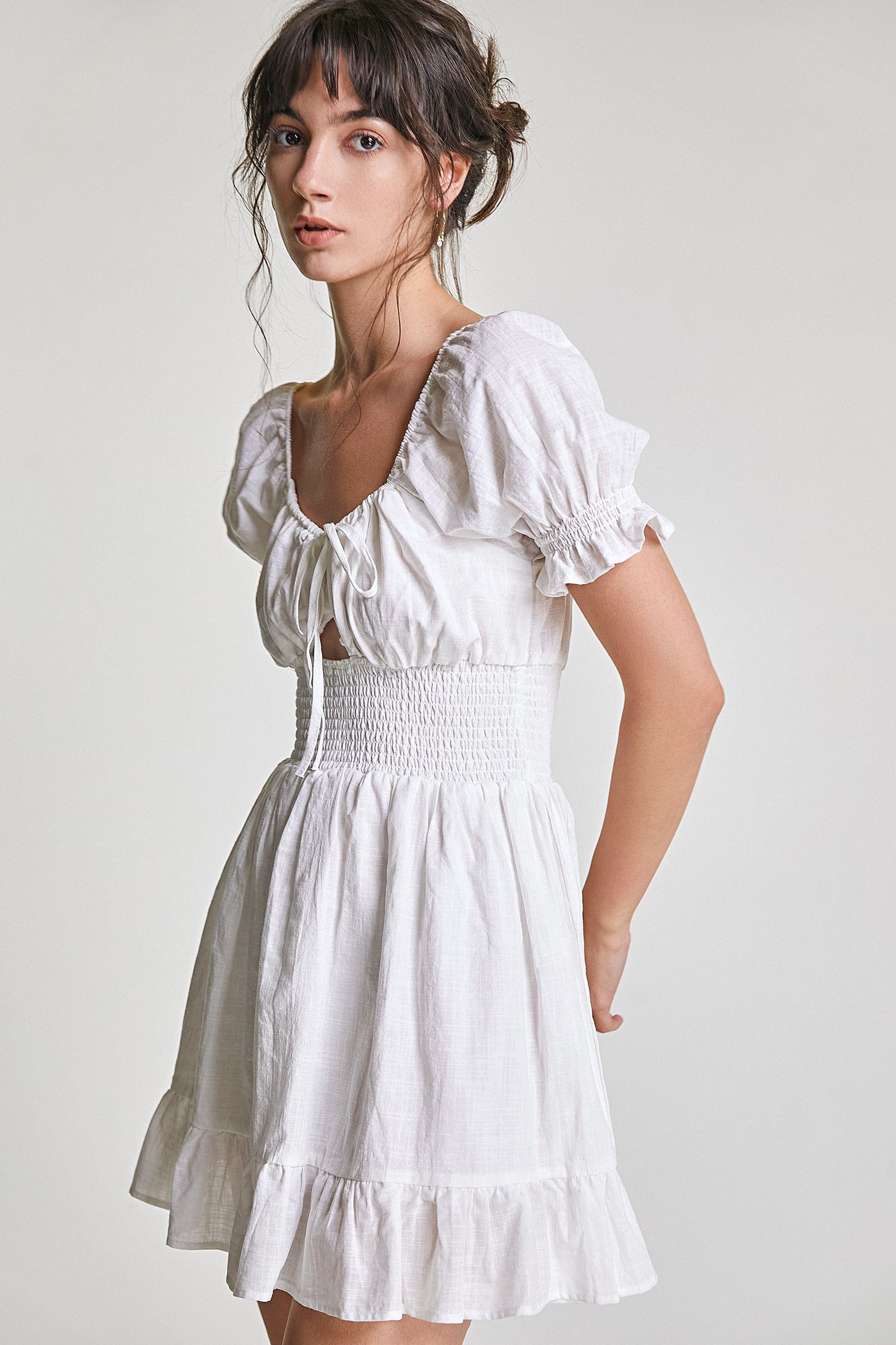 Tie Front Puff Sleeve Smocked Waist Ruffle Hem Babydoll Mini Dress