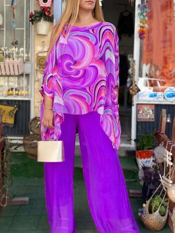Colorful chiffon print suit two piece set