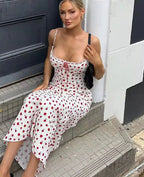 Spaghetti Strap Floral Print Lace Trim Tie Neck Bodycon Maxi Dress
