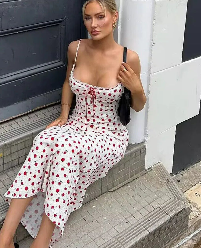 Spaghetti Strap Floral Print Lace Trim Tie Neck Bodycon Maxi Dress