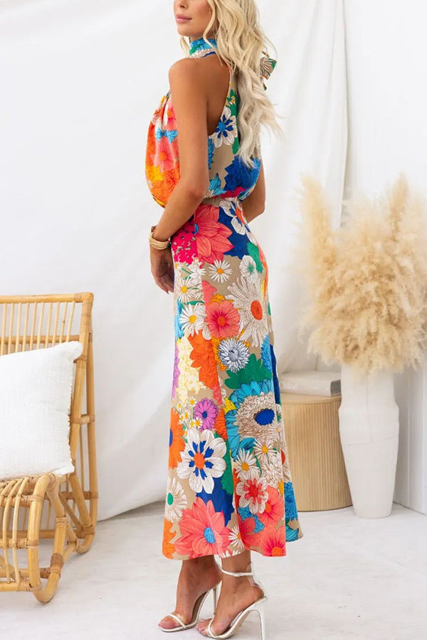 Large Floral Print Halter Neck Midi Skirt Set