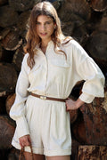 Cotton Linen Long Sleeve Slim Fit Waist Short Jumpsuit