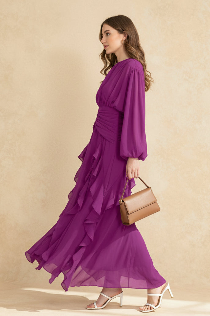 Chiffon Bishop Sleeve High Neck Ruched Waist Cascading Ruffle Tier Maxi Dress