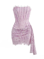 Lace Strapless Corset Eyelash Trim Draped Sash Mini Dress