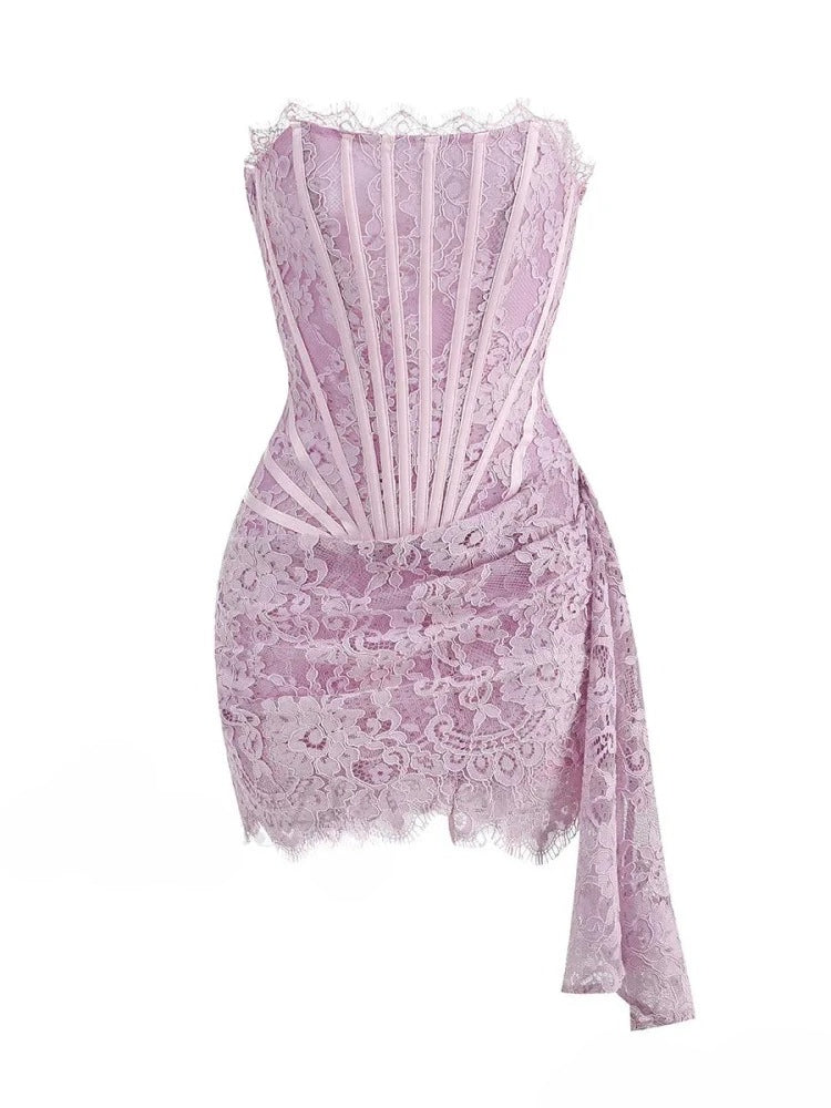 Lace Strapless Corset Eyelash Trim Draped Sash Mini Dress
