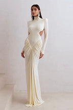 Long-Sleeve Ruched Color-Block Cutout Waist Slim Party Dress