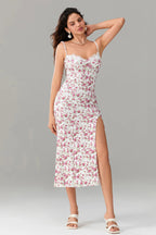 Floral Print Sweetheart Lace Trim Spaghetti Strap High Split Midi Dress