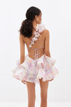 Deep V Neck Asymmetric Ruffle Tiered Oversized Floral Print Mini Dress