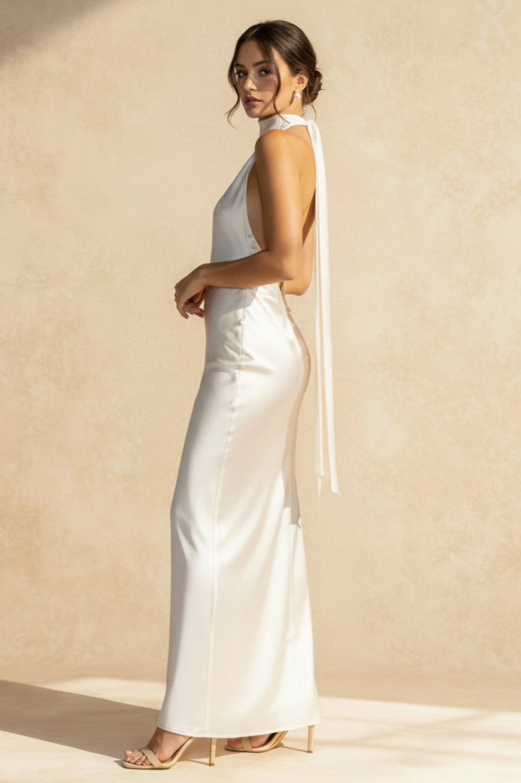 Satin Halter Neck Backless Draped Sash Button Detail Maxi Gown