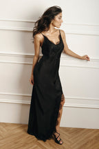 Satin Lace Trim Spaghetti Strap Deep V-Neck High Split Maxi Slip Dress
