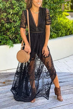 Mesh Floral Embroidery Deep V-Neck Ladder Lace Flutter Sleeve High Split Maxi Dress