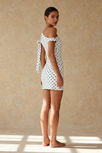 Polka Dot One Shoulder Tie Strap Ruched Bodycon Mini Dress