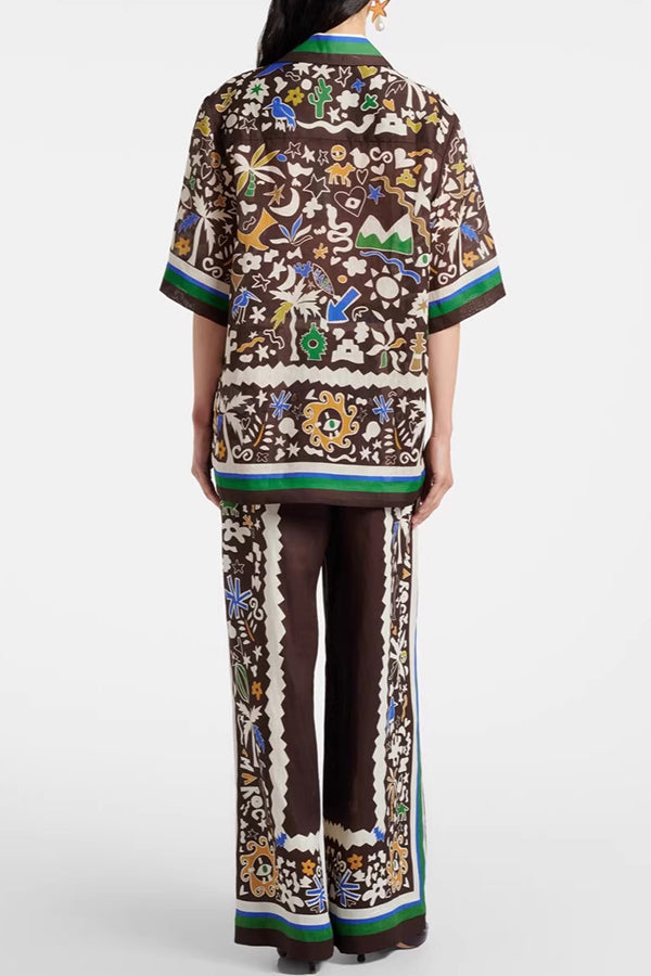 Antibes Satin Court Unique Printed Long Sleeve Loose Shirt and Elastic Waist Pants Set