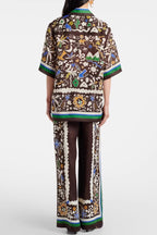 Antibes Satin Court Unique Printed Long Sleeve Loose Shirt and Elastic Waist Pants Set