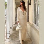 Crochet Deep V-Neck Bell Sleeve Open Knit Maxi Dress