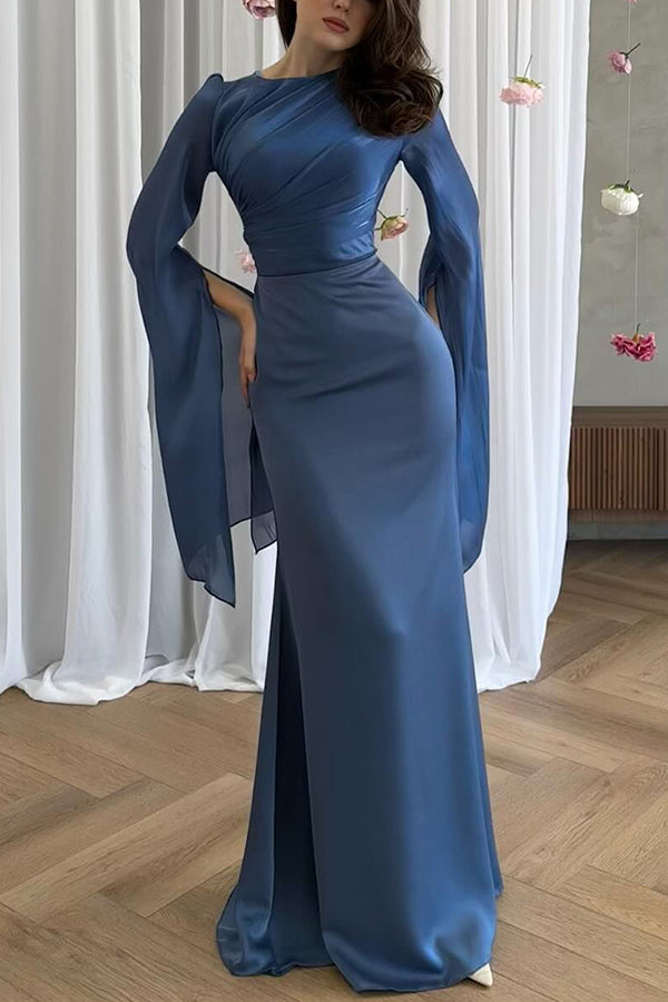 Satin Ruched High Neck Bell Sleeve Slit Mermaid Maxi Gown