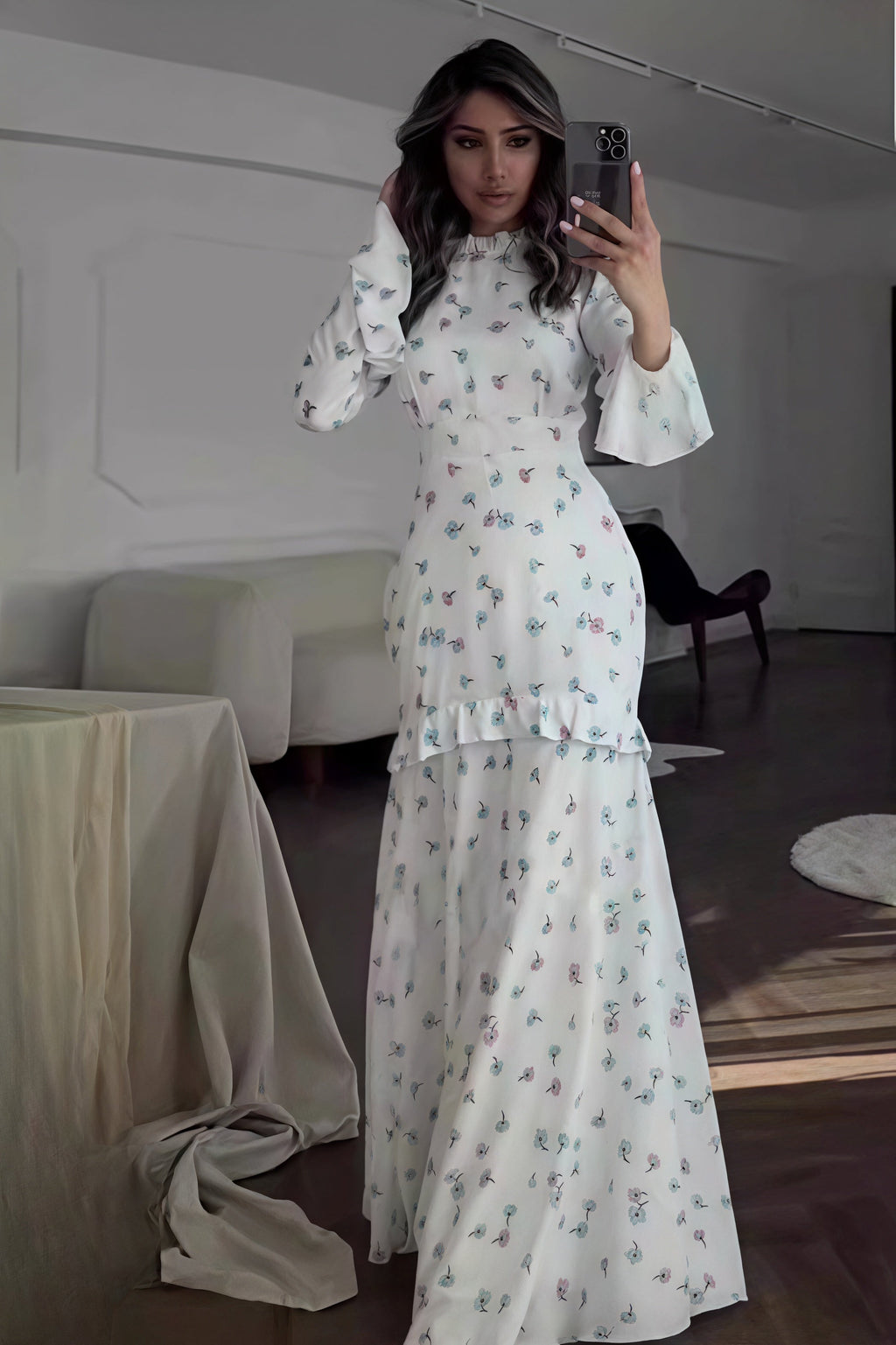 White Mock Neck Long Sleeve Bell Cuff Tiered Ruffle Ditsy Floral Maxi Dress