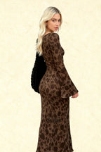 Boat Neck Floral Silhouette Print Bell Sleeve Slim Midi Dress