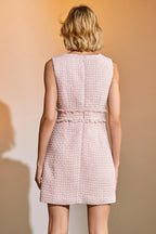 Crew Neck Fringed Waist Patch Pocket Tweed Boucle Mini Dress