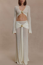 Mania Knit Hardware Detail Bell Sleeve Crop Top and Gathered Overlay Sash Stretch Maxi Skirt Set