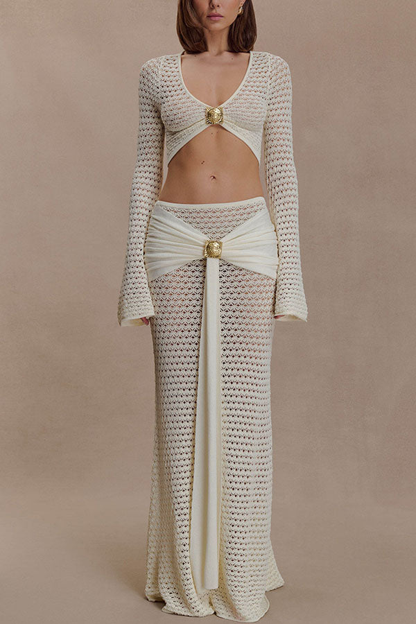 Mania Knit Hardware Detail Bell Sleeve Crop Top and Gathered Overlay Sash Stretch Maxi Skirt Set