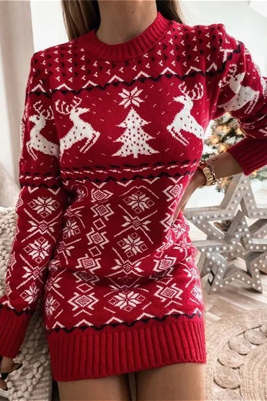 Knit Christmas Reindeer Color Block Sexy Fitted Mini Dresses
