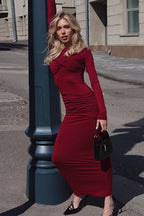 Long Sleeve Twist Front Ruched Bodycon Maxi Dress