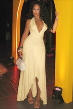 Halter V-Neck Backless Ruched High Slit Party Dress