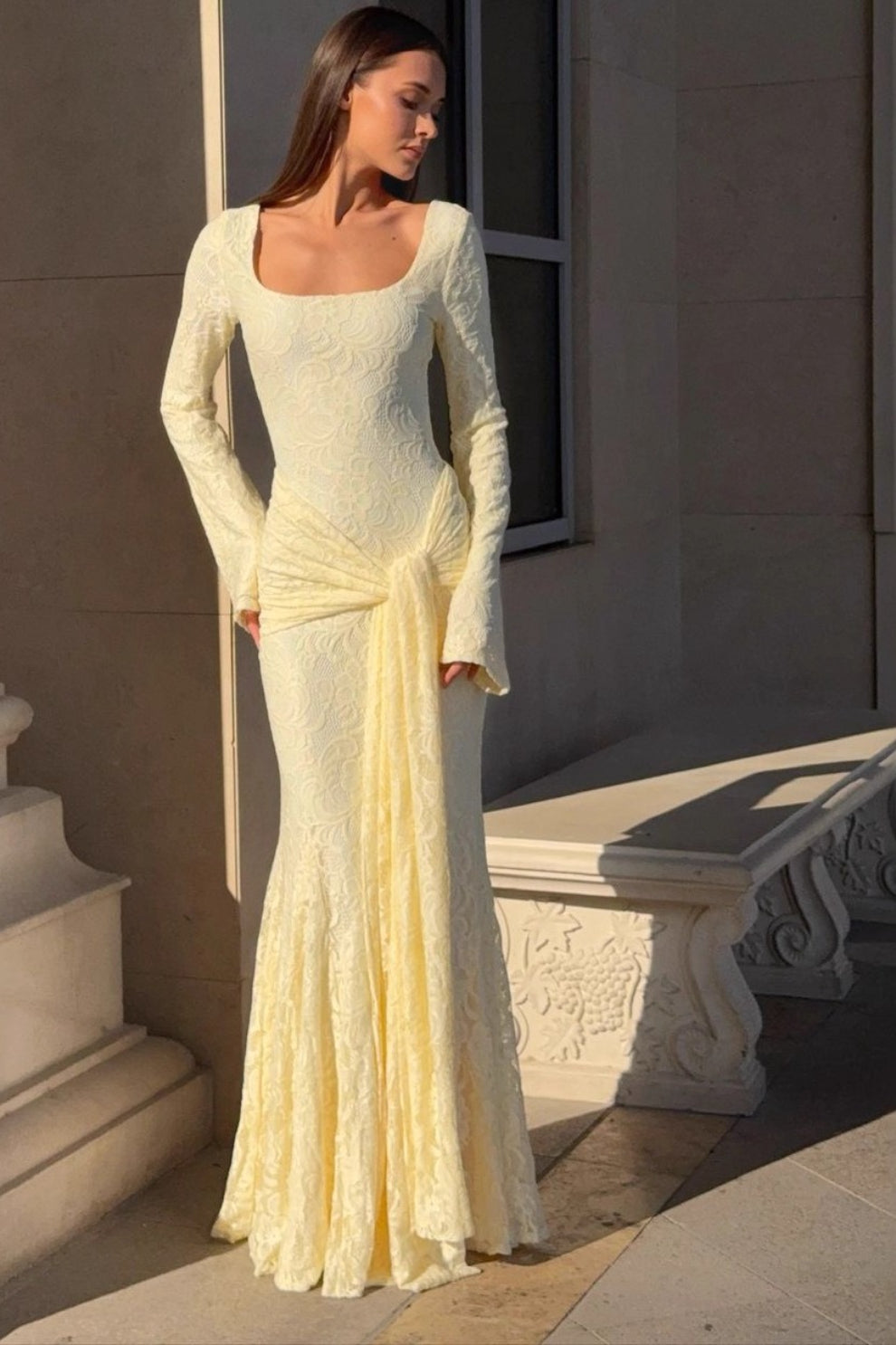 Square Neck Long Sleeve Floral Lace Front Knot Drape Panel Maxi Dress