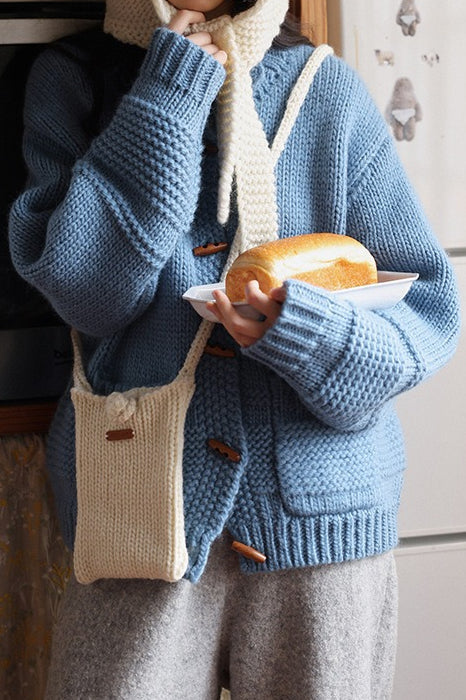 Vintage Solid Wool Chunky Knit Wooden Button Sweater