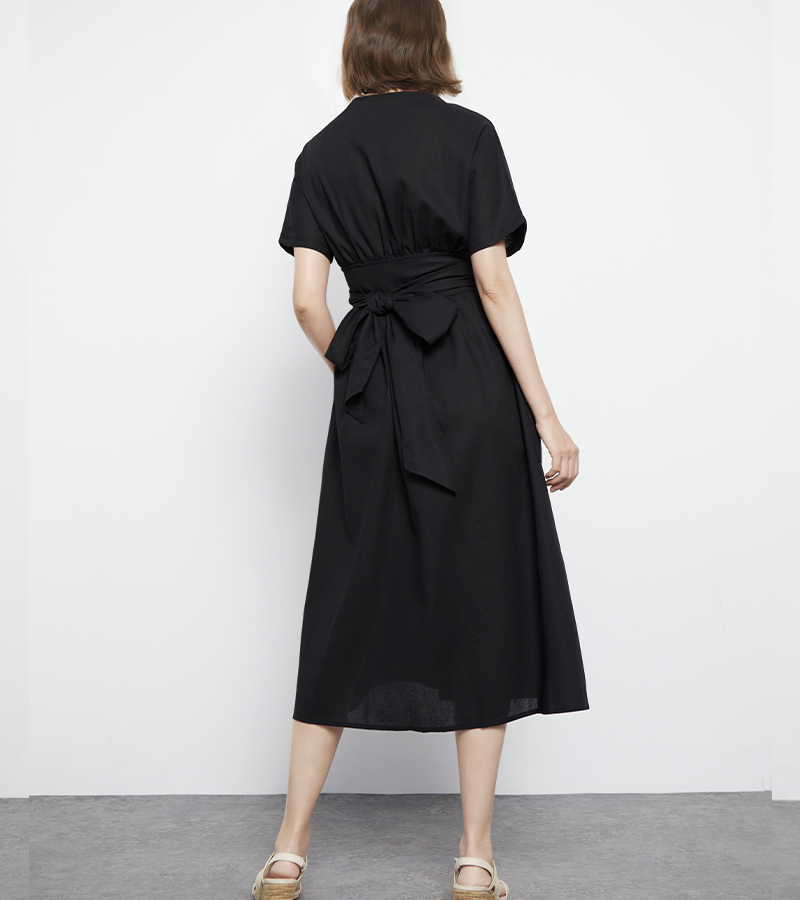 Women's Fashion V Neck Belted High Waist Short Sleeves  Linen Dress