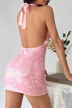 Sequin Halter Neck Deep V-Neck Bodycon Mini Dress