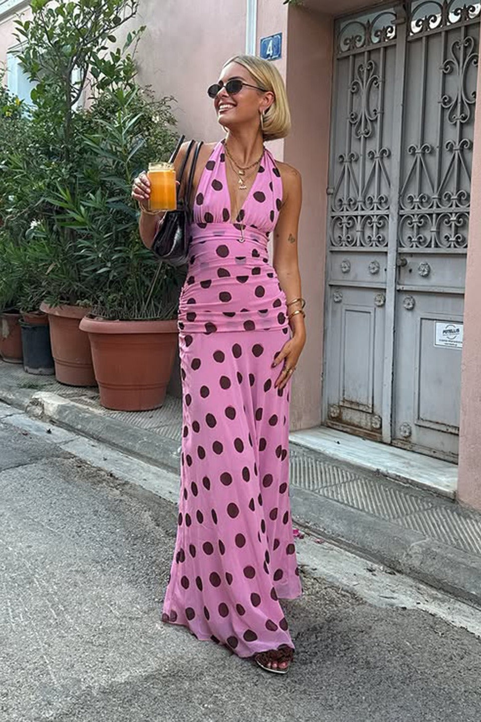 Polka Dot Deep V-Neck Sleeveless Ruched Waist Fit and Flare Maxi Dress