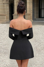Off Shoulder Foldover Long Sleeve Pocket Flap A-Line Mini Dress