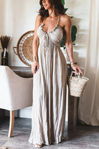Striped Crinkle Texture Halter Neck Tie Front Ruffle Trim Maxi Dress
