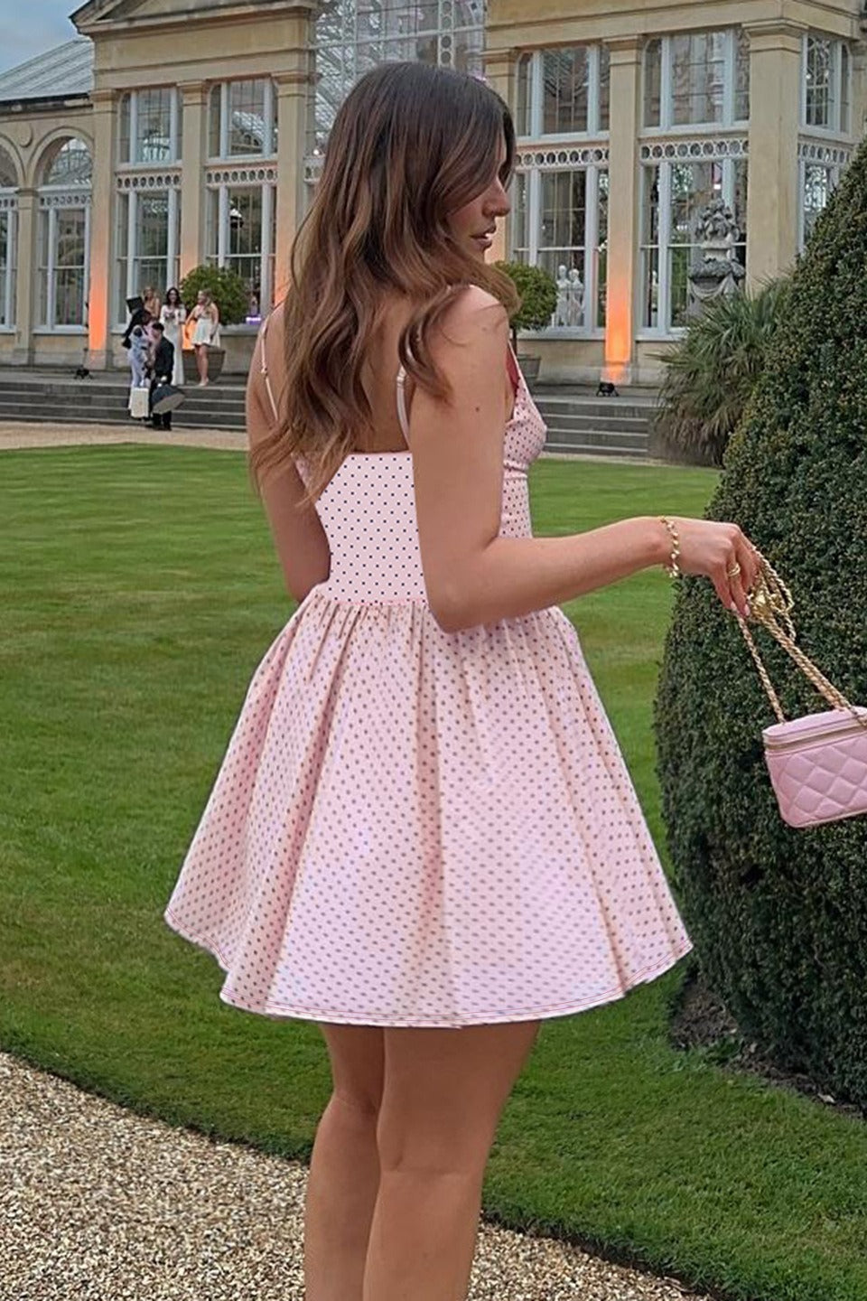 Polka Dot Scalloped Deep V-Neck Bow Detail Fit and Flare Mini Dress
