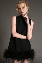 Mock Neck Sleeveless Feather Trim Shift Mini Dress