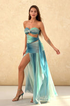 Strapless Sweetheart Starfish Brooch Cut Out Layered Chiffon Maxi Dress